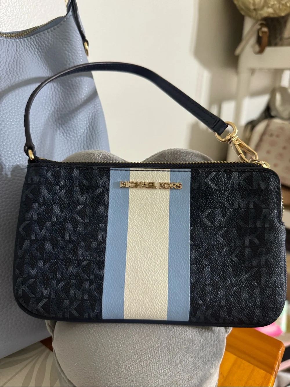 Michael Kors Light Blue Leather Hobo Bag with Tassel and Wristlet